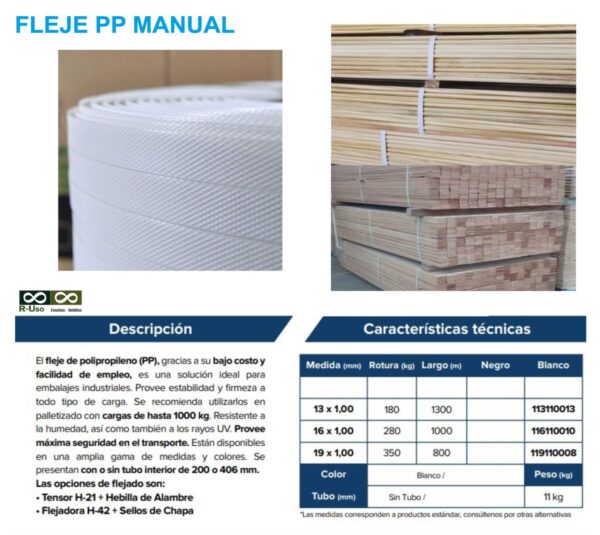 Descripción y datos adicionales sobre el fleje Blanco, sus dimensiones, fuerza en KG y largo en metros.